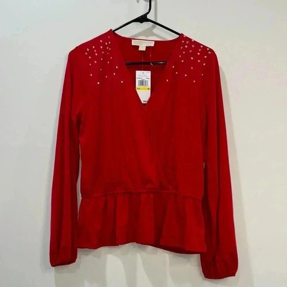 Michael Kors Gold Rhinestone V-Neck Long Sleeve Wrap Top - Size M - Picture 1 of 12